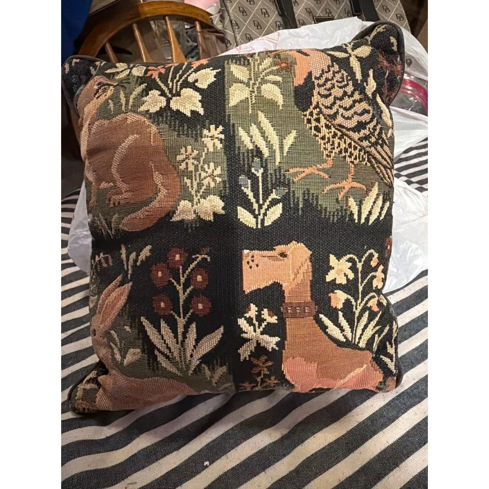 Vintage Woven Tapestry Hunting Dog Pheasant Rabbit Throw Pillow 12x12